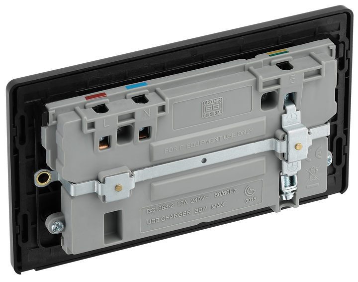 PCDSB22UAC30B Back - This Evolve Satin Brass 13A power socket from British General with integrated fast charge USB-A and USB-C ports delivers a 50% charge to mobile phones in just 30 minutes. These sockets allow you to charge your devices without sacrificing power sockets, and with no need for bulky adaptors.