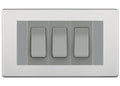 BG Brushed Steel Screwless 3 Gang 20AX 2-Way Switch Custom Grid - Grey Insert