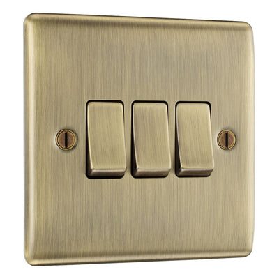 BG Nexus Antique Brass 20A 16AX 2-Way Triple Light Switch NAB43 with 35mm Steel Back Box