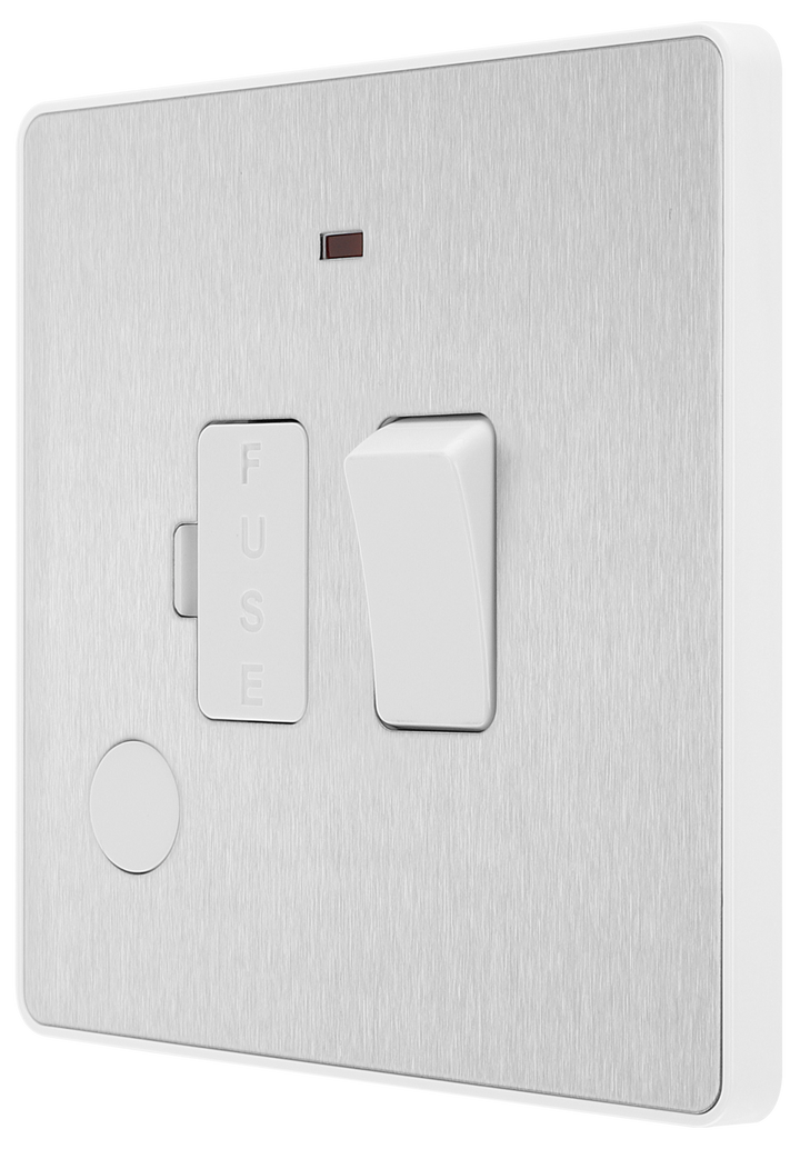 PCDBS52W Side - This Evolve Brushed Steel 13A fused and switched connection unit from British General with power indicator provides an outlet from the mains containing the fuse, ideal for spur circuits and hardwired appliances.