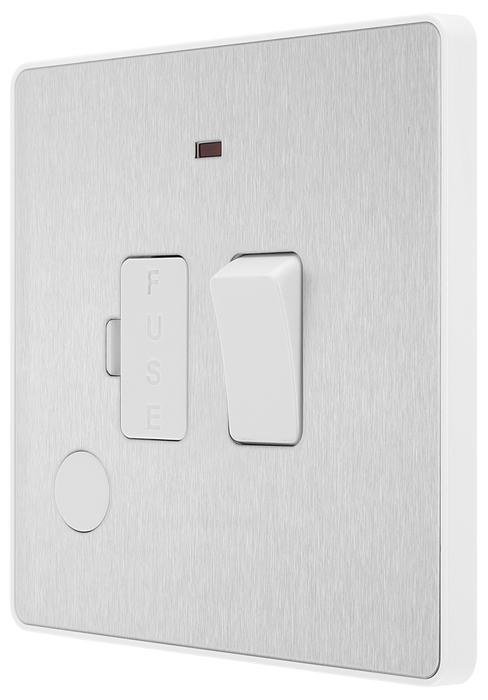 PCDBS52W Side - This Evolve Brushed Steel 13A fused and switched connection unit from British General with power indicator provides an outlet from the mains containing the fuse, ideal for spur circuits and hardwired appliances.