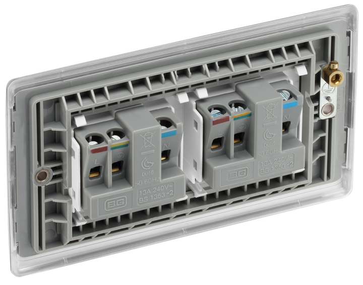 NBS24W Back - This brushed steel finish 13A double unswitched socket from British General has a sleek and slim profile with softly rounded edges and an anti-fingerprint lacquer for a luxurious finish. This socket has been designed with angled in line colour coded terminals and backed out captive screws for ease of installation.