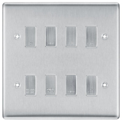 BG Brushed Steel 8 Gang Engraved Custom Labelled Appliance Grid Switch by British General (BG-BRUSHED-STEEL-CUSTOM-8GANG-SWITCH)