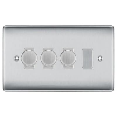 BG Nexus Brushed Steel 4 Gang Switch 3x Trailing Edge LED Dimmer 1x Intermediate Custom Grid Switch