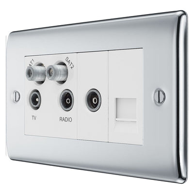 BG Nexus Polished Chrome Quadplex TV FM SAT (x2) NPC69 with 25mm Steel Back Box