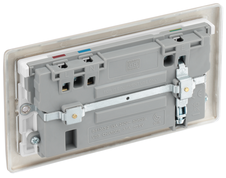 NPR22U3W Back - This 13A double power socket from British General comes with two USB charging ports allowing you to plug in an electrical device and charge mobile devices simultaneously without having to sacrifice a power socket.