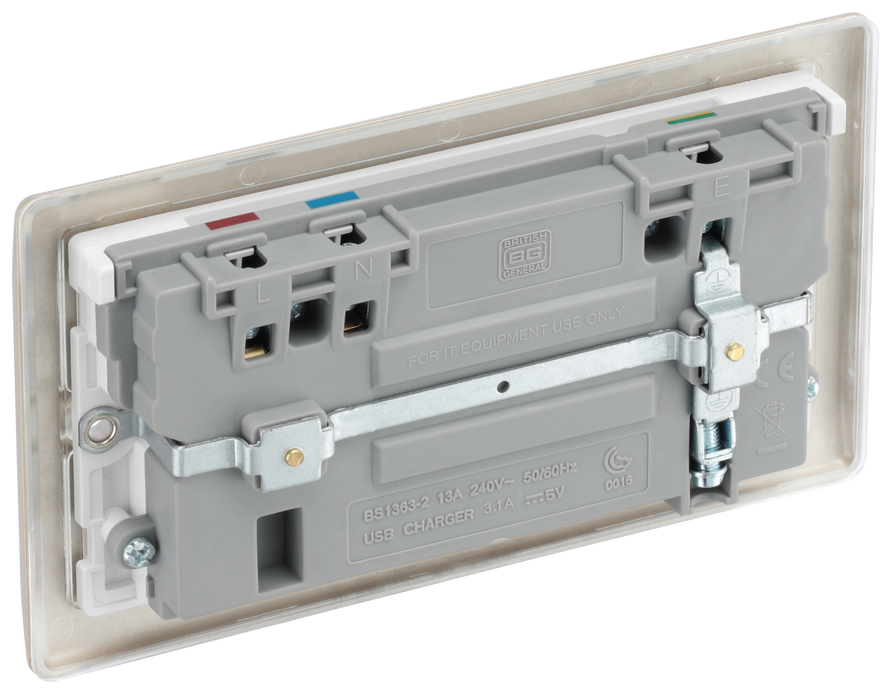 NPR22U3W Back - This 13A double power socket from British General comes with two USB charging ports allowing you to plug in an electrical device and charge mobile devices simultaneously without having to sacrifice a power socket.
