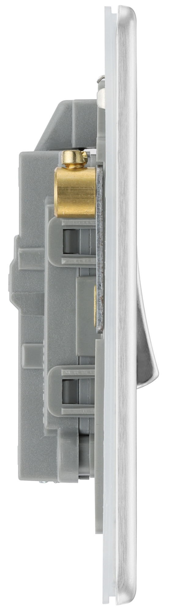 FBS31 Side - This Screwless Flat plate brushed steel finish 20A double pole switch with indicator from British General has been designed for the connection of refrigerators water heaters, central heating boilers and many other fixed appliances.