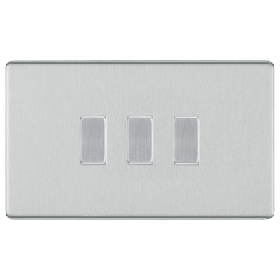 BG Brushed Steel Screwless 3 Gang Switch 1x Intermediate 2x 2 Way Custom Grid by British General (BG-SCL-BS-3G-CUSTOM-1x-INT-2x-2WAY-SP)