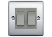 BG Nexus Polished Chrome 2-Gang Light Switch 1x 2-Way + 1x Intermediate – Grey Inserts by British General (BG-Nexus-PC-2G-Combo-1x INT-1x 2WAY GR)
