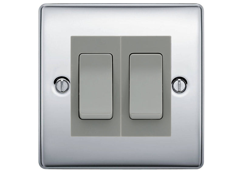 BG Nexus Polished Chrome 2-Gang Light Switch 1x 2-Way + 1x Intermediate – Grey Inserts