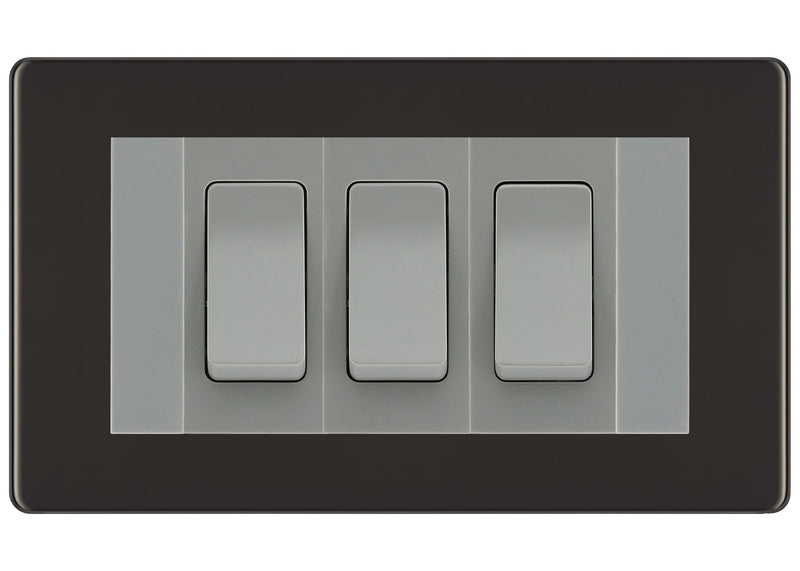 BG Black Nickel Screwless 3G Switch 1x Intermediate 2x 2 Way Switch - Grey Insert