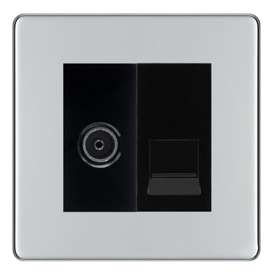 BG Screwless Polished Chrome TV Aerial & BT Telephone Outlet Plate — Black Insert