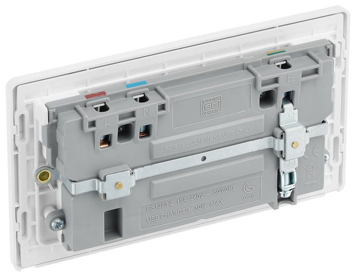 PCDBS22UAC30W Back - This Evolve Brushed Steel 13A power socket from British General with integrated fast charge USB-A and USB-C ports delivers a 50% charge to mobile phones in just 30 minutes.