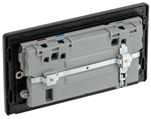 PCDBC22U3B Back - This Evolve Black Chrome 13A double power socket from British General comes with two USB charging ports, allowing you to plug in an electrical device and charge mobile devices simultaneously without having to sacrifice a power socket.
