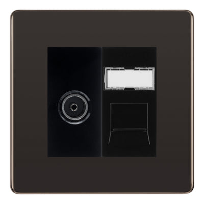 BG Screwless Black Nickel TV Aerial & RJ45 CAT6 Data Socket - Black Insert