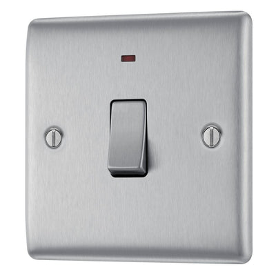 BG Nexus Brushed Steel 20A 2 Pole Single Neon Switch NBS31 with 25mm Steel Back Box