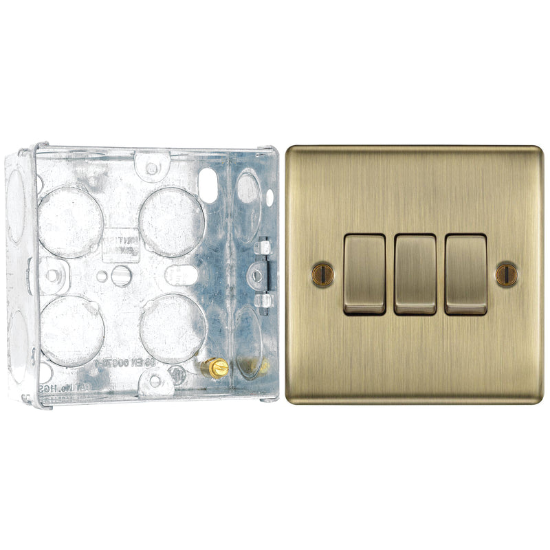BG Nexus Antique Brass 20A 16AX 2-Way Triple Light Switch NAB43 with 35mm Steel Back Box