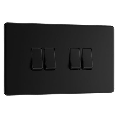 BG Screwless Matt Black 20A 16AX 2 Way Quadruple Light Switch FFB44 with 25mm Steel Back Box