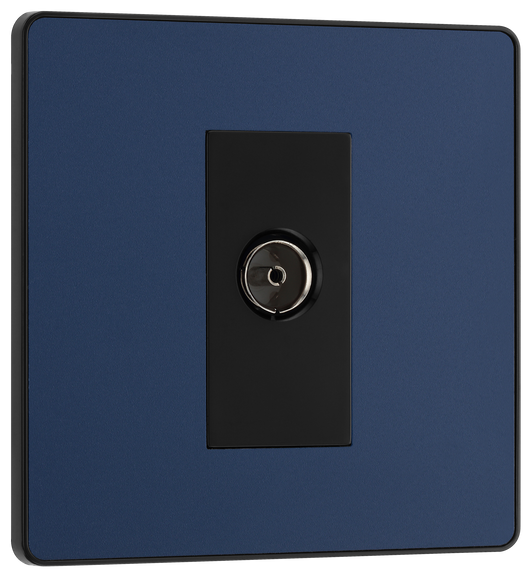 PCDDB60B Front - This Evolve Matt Blue single coaxial socket from British General can be used for TV or FM aerial connections. This socket has a low profile screwless flat plate that clips on and off, making it ideal for modern interiors.