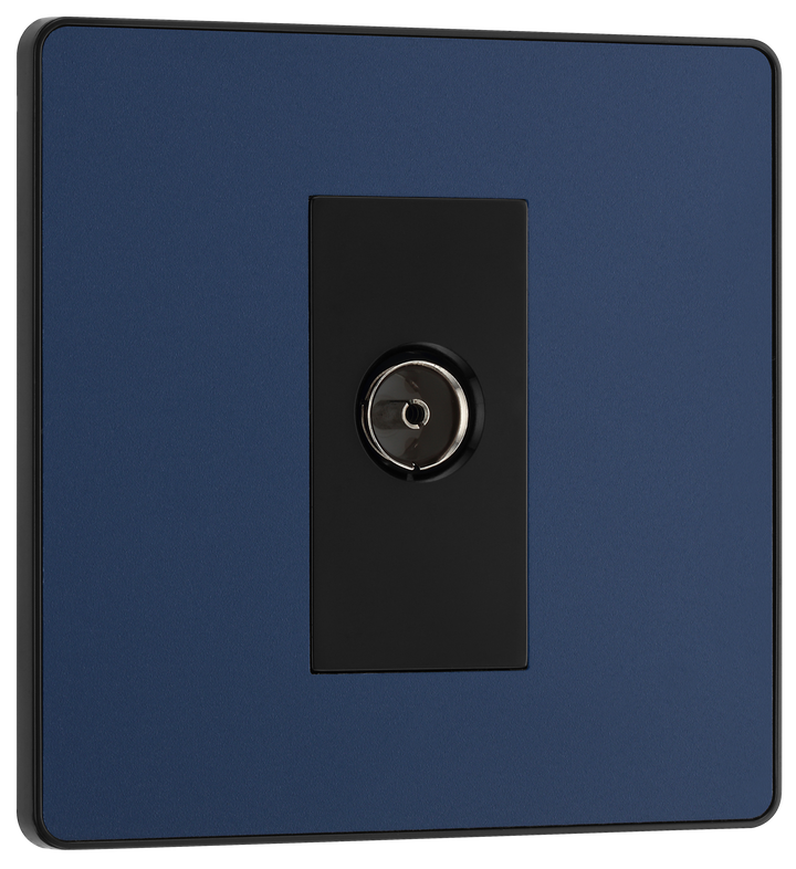 PCDDB60B Front - This Evolve Matt Blue single coaxial socket from British General can be used for TV or FM aerial connections. This socket has a low profile screwless flat plate that clips on and off, making it ideal for modern interiors.