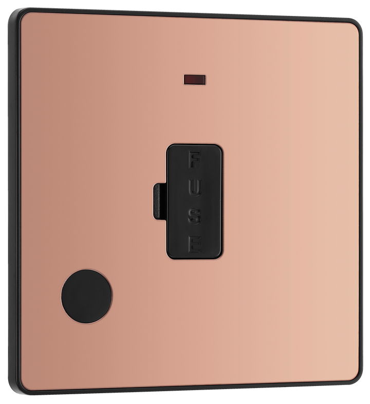 PCDCP54B Front - This Evolve Polished Copper 13A fused and unswitched connection unit from British General provides an outlet from the mains containing the fuse, ideal for spur circuits and hardwired appliances.