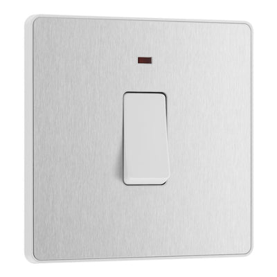 BG Evolve Brushed Steel 20A Double Pole Switch with Neon PCDBS31W and 35mm Steel Back Box
