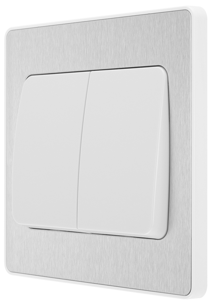 PCDBS42WW Front - This Evolve Brushed Steel 20A 16AX double light switch from British General can operate 2 different lights, whilst the 2 way switching allows a second switch to be added to the circuit to operate the same light from another location (e.g. at the top and bottom of the stairs).