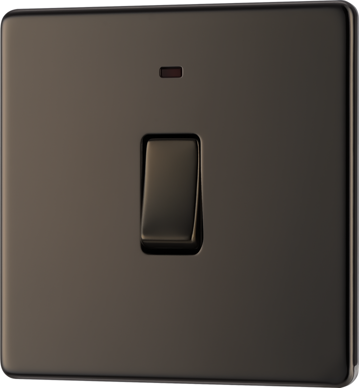 FBN31 Front - This Screwless Flat plate black nickel finish 20A double pole switch with indicator from British General has been designed for the connection of refrigerators water heaters, central heating boilers and many other fixed appliances.