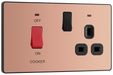 PCDCP70B Front - This Evolve Polished Copper 45A cooker control unit from British General includes a 13A socket for an additional appliance outlet, and has flush LED indicators above the socket and switch.