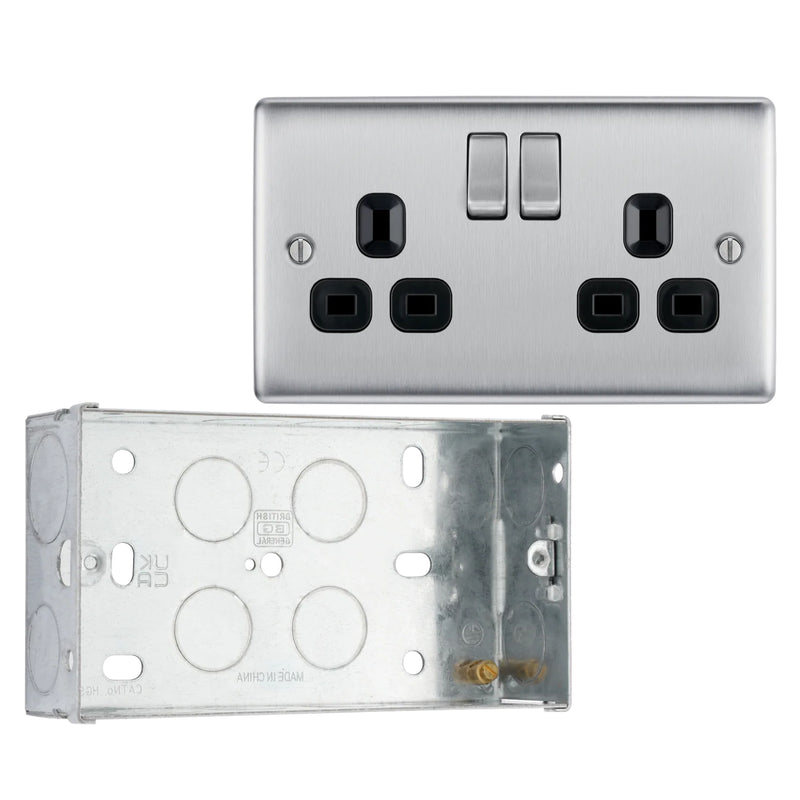 BG Nexus Metal Brushed Steel 13A Double Socket NBS22B with 35mm Steel Back Box