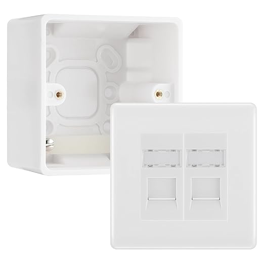 BG Nexus White RJ45 CAT6 Module with 2 Gang Faceplate, 2 Port Network Socket & 50mm Back Box (White Insert)
