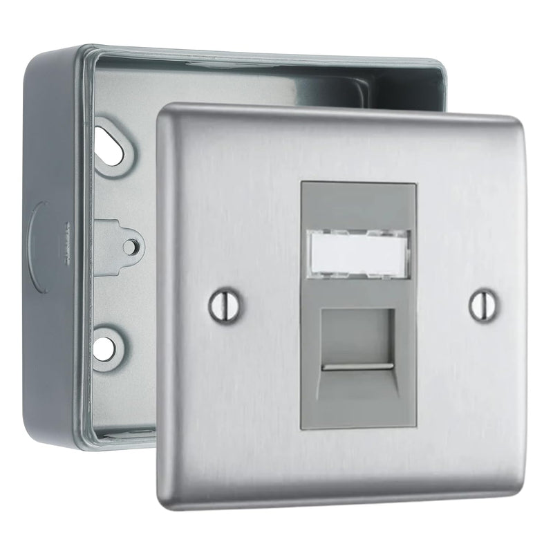 BG Nexus Brushed Steel Single RJ45 Data Outlet with Surface Pattress Back Box