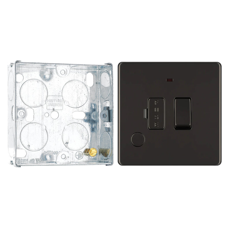 BG Screwless Black Nickel 13A Switched Spur + Neon + Cable Outlet FBN53 with 25mm Steel Back Box