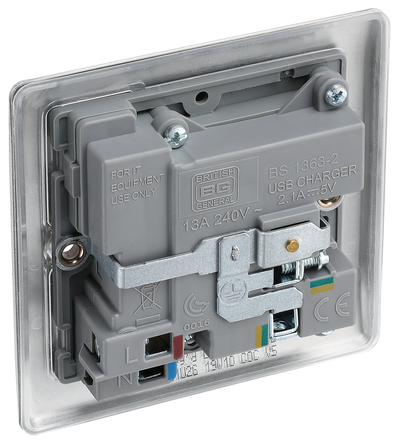 NEWLEC BRITISH GENERAL NBS21U2G NEXUS METAL BRUSHED STEEL 1 GANG 13A 2X USB-A 2.1A SWITCHED SOCKET