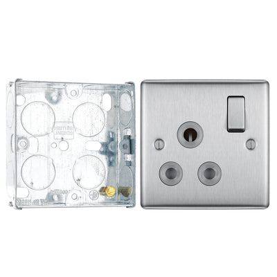 BG Nexus Brushed Steel 15A Switched Round Pin Single Socket NBS99G and 25mm Steel Back Box by British General (BG-NBS99G+HGS02)