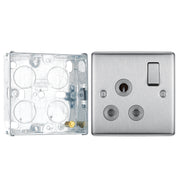 BG Nexus Brushed Steel 15A Switched Round Pin Single Socket NBS99G and 25mm Steel Back Box by British General (BG-NBS99G+HGS02)