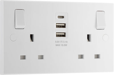 BG 922UAAC15 White Square Edge 13A Double Socket + 2xUSB A +1xUSB C(15W) by British General (BG-922UAAC15)