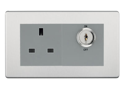 BG Screwless Brushed Steel 13A Double Pole Key Controlled Socket – Grey Inserts