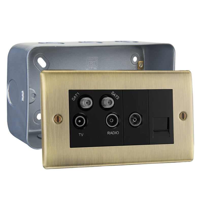 BG Nexus Antique Brass Quadplex 2x Satellite BT and Co-Axial Socket with Surface Pattress Back Box