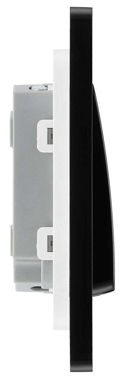 PCDSB42WB Side - This Evolve Satin Brass 20A 16AX double light switch from British General can operate 2 different lights, whilst the 2 way switching allows a second switch to be added to the circuit to operate the same light from another location (e.g. at the top and bottom of the stairs).