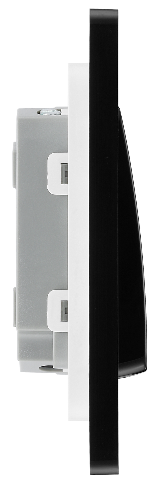 PCDSB42WB Side - This Evolve Satin Brass 20A 16AX double light switch from British General can operate 2 different lights, whilst the 2 way switching allows a second switch to be added to the circuit to operate the same light from another location (e.g. at the top and bottom of the stairs).