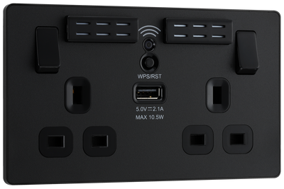 PCDMB22UWRB Front - This Evolve Matt Black 13A double power socket with integrated Wi-Fi Extender from British General will eliminate dead spots and expand your Wi-Fi coverage. 