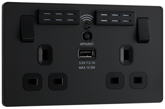 PCDMB22UWRB Front - This Evolve Matt Black 13A double power socket with integrated Wi-Fi Extender from British General will eliminate dead spots and expand your Wi-Fi coverage. 
