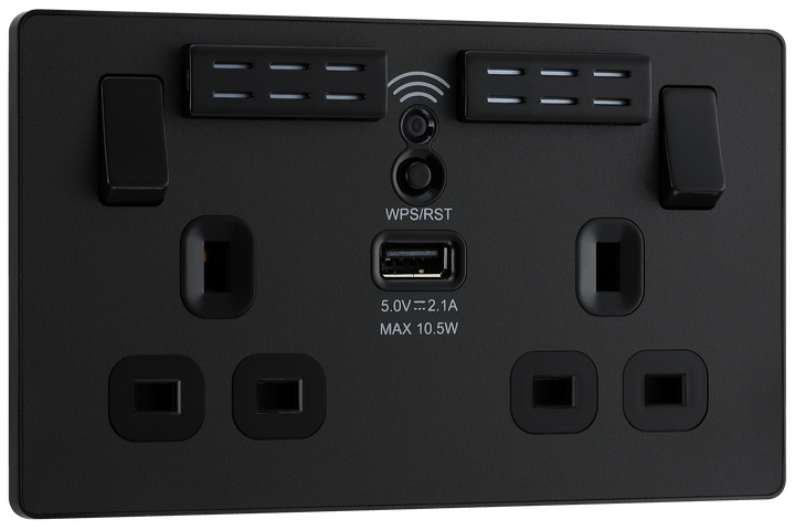 PCDMB22UWRB Front - This Evolve Matt Black 13A double power socket with integrated Wi-Fi Extender from British General will eliminate dead spots and expand your Wi-Fi coverage. 