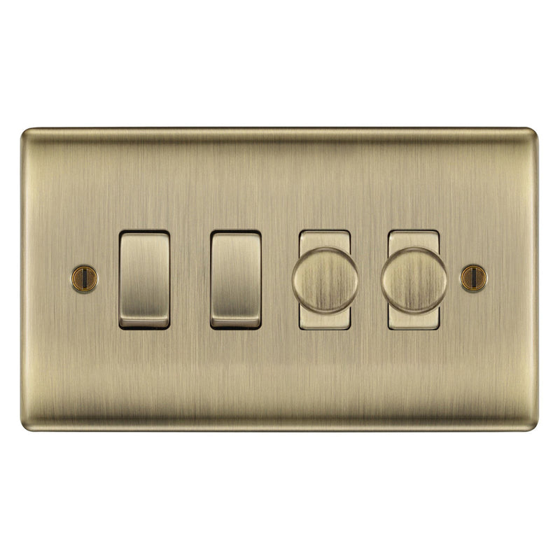 BG Antique Brass 4 Gang Switch 2x Trailing Edge LED Dimmer 2x 2 Way Custom Grid