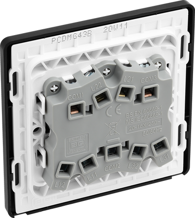 PCDMG43B Back - This Evolve Matt Grey 20A 16AX triple light switch from British General can operate 3 different lights, whilst the 2 way switching allows a second switch to be added to the circuit to operate the same light from another location (e.g. at the top and bottom of the stairs).