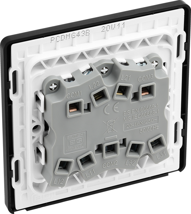 PCDMG43B Back - This Evolve Matt Grey 20A 16AX triple light switch from British General can operate 3 different lights, whilst the 2 way switching allows a second switch to be added to the circuit to operate the same light from another location (e.g. at the top and bottom of the stairs).