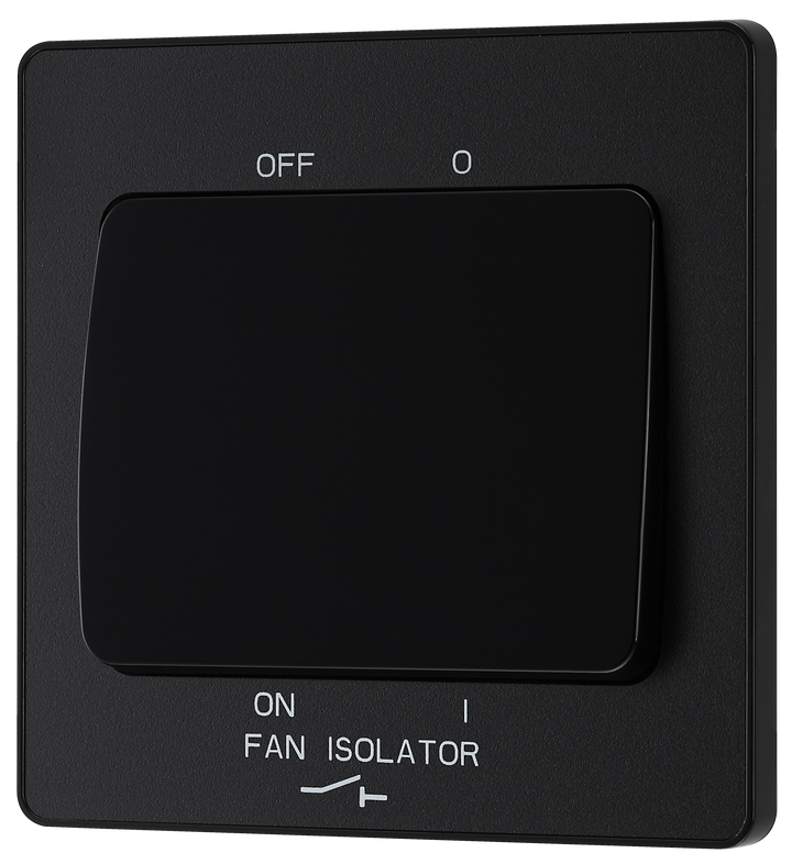 PCDMB15B Front - This Evolve Matt Black 10A triple pole fan isolator switch from British General provides a safe and simple method of isolating mechanical fan units. This switch has a low profile screwless flat plate that clips on and off, making it ideal for modern interiors.