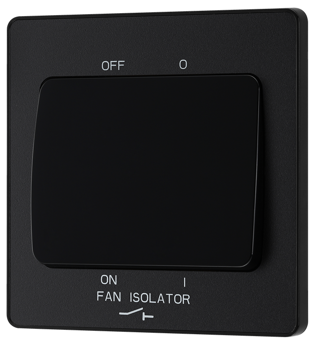 PCDMB15B Front - This Evolve Matt Black 10A triple pole fan isolator switch from British General provides a safe and simple method of isolating mechanical fan units. This switch has a low profile screwless flat plate that clips on and off, making it ideal for modern interiors.
